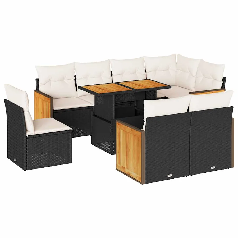 Salon de jardin avec coussins 9 pcs noir résine tressée acacia - 2
