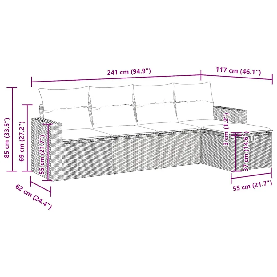 Salon de jardin 5 pcs avec coussins gris clair résine tressée - 12