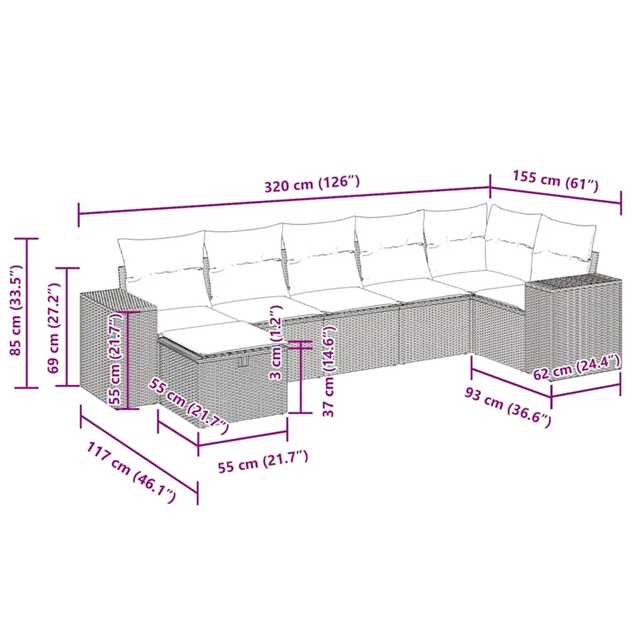 Salon de jardin 7 pcs avec coussins noir résine tressée 93 x 62 x 69 cm - 62,0 kg - 15