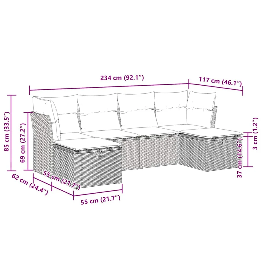 Salon de jardin 6 pcs avec coussins gris clair résine tressée - 11