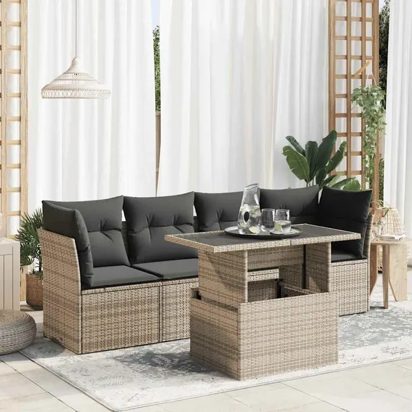 Salon de jardin 5 pcs avec coussins gris résine tressée