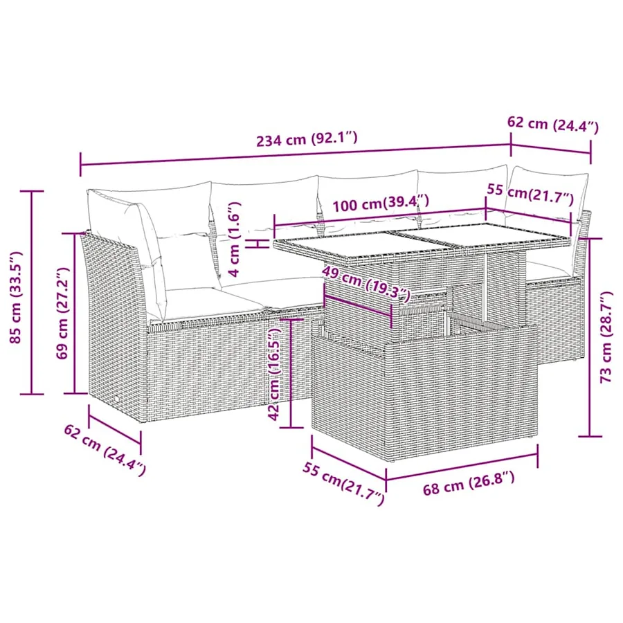 Salon de jardin 5 pcs avec coussins gris résine tressée - 11