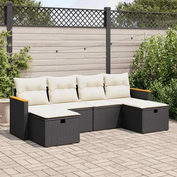 Salon de jardin 6 pcs avec coussins noir résine tressée
