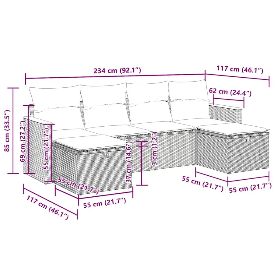 Salon de jardin 6 pcs avec coussins noir résine tressée - 12