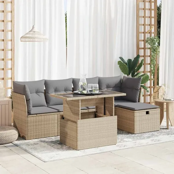 Salon de jardin avec coussins 6 pcs beige résine tressée