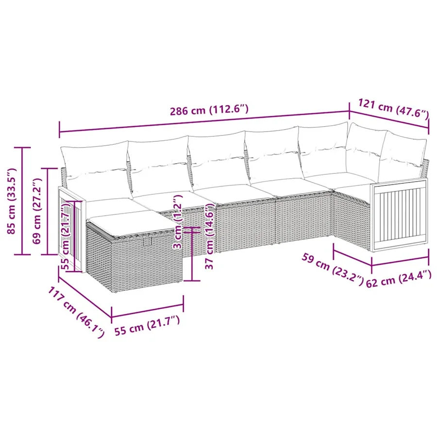Salon de jardin 7 pcs avec coussins noir résine tressée 55 x 62 x 69 cm - 61,0 kg - 16