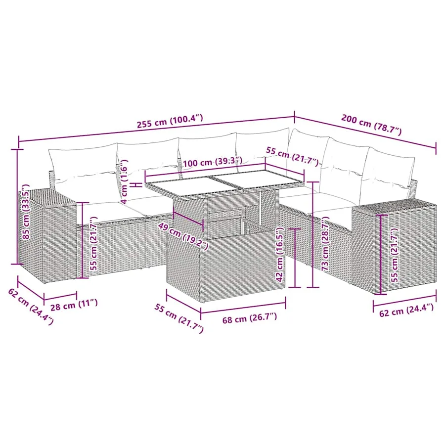 Salon de jardin avec coussins 7 pcs gris clair résine tressée - 15