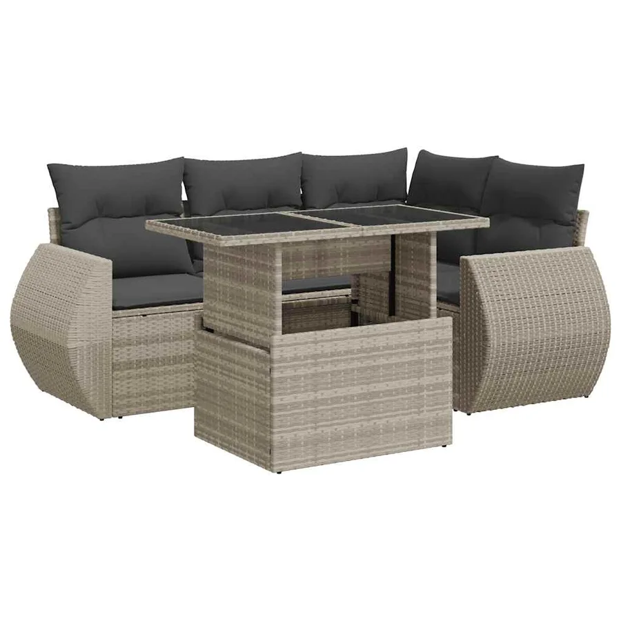 Salon de jardin 5 pcs avec coussins gris clair résine tressée - 2