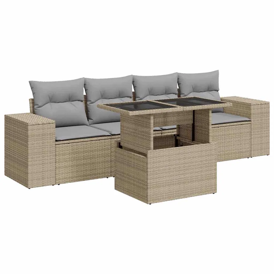 Salon de jardin avec coussins 5 pcs beige résine tressée - 2