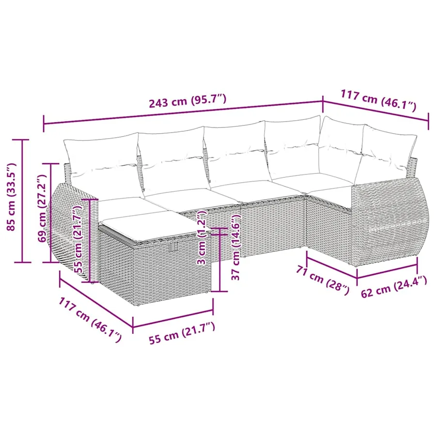 Salon de jardin 6 pcs avec coussins noir résine tressée - 13