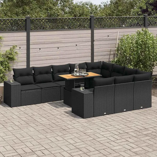Salon de jardin 10 pcs avec coussins noir résine tressée acacia