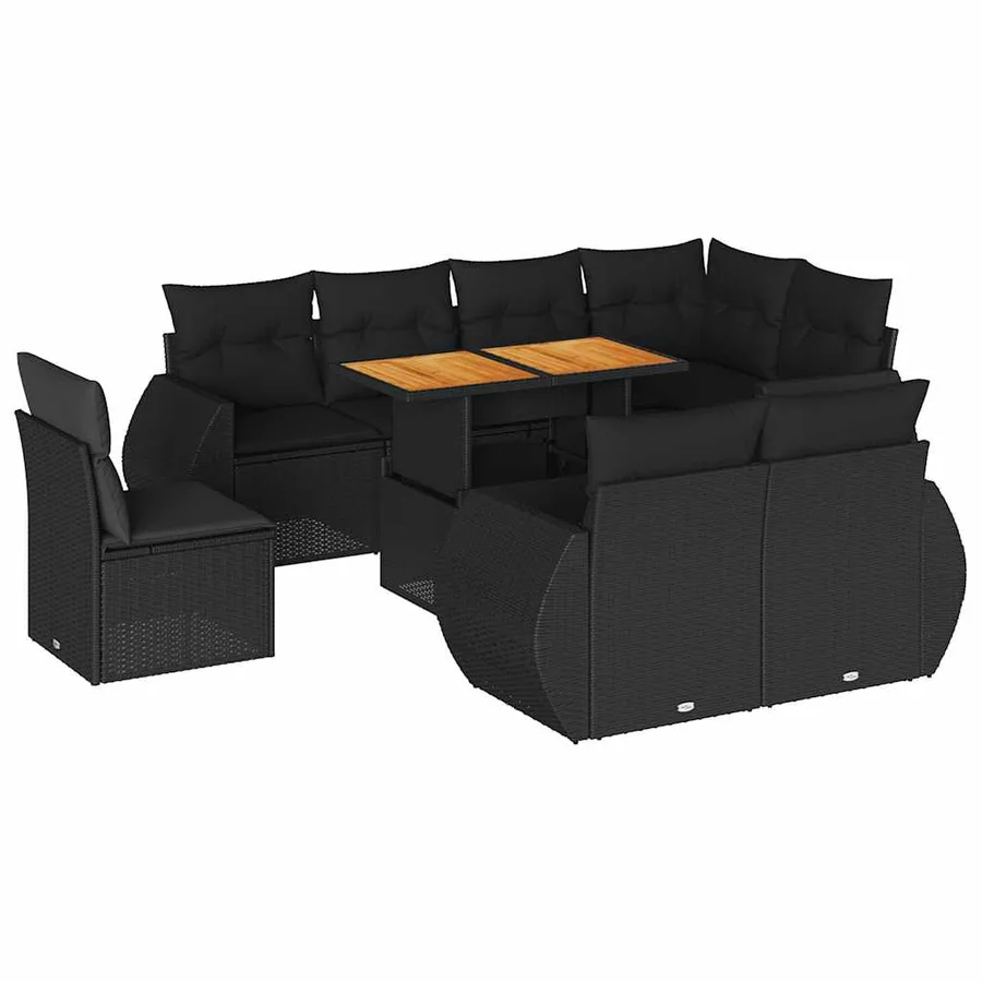 Salon de jardin 9 pcs avec coussins noir résine tressée - 2