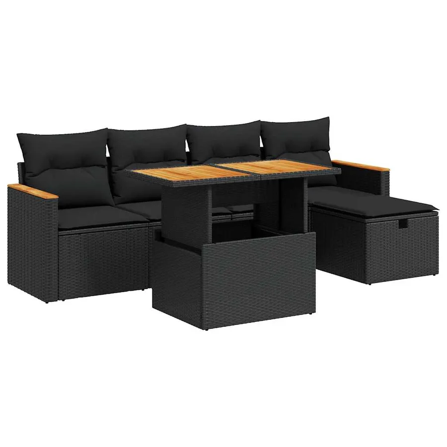 Salon de jardin 6 pcs avec coussins noir résine tressée - 2