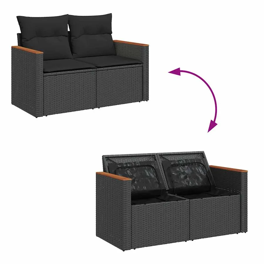 Salon de jardin avec coussins 7 pcs noir résine tressée acacia - 10