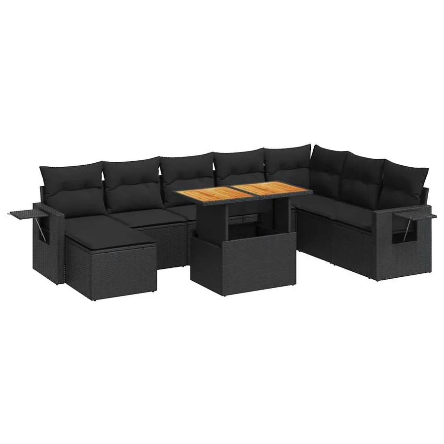 Salon de jardin 9 pcs avec coussins noir résine tressée - 2