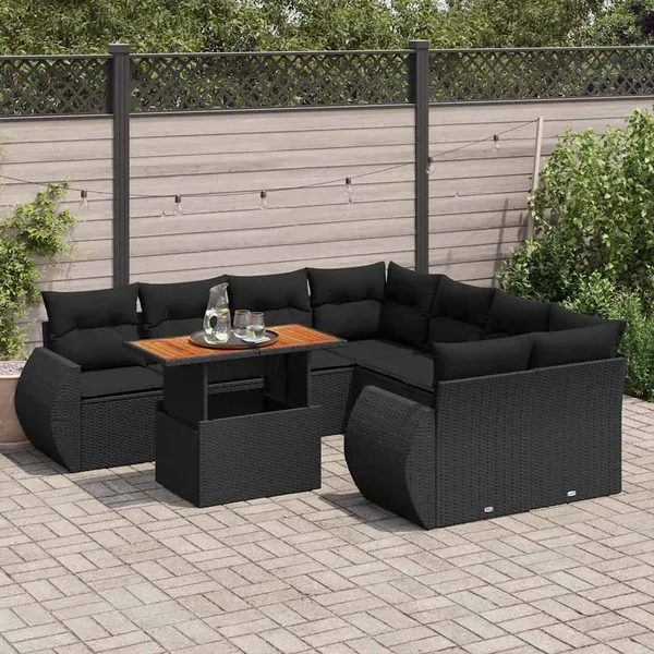 Salon de jardin 9 pcs avec coussins noir résine tressée