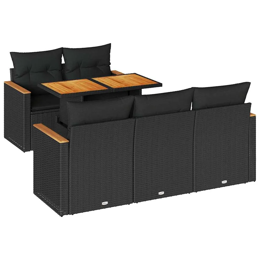 Salon de jardin 6 pcs avec coussins noir résine tressée acacia - 2
