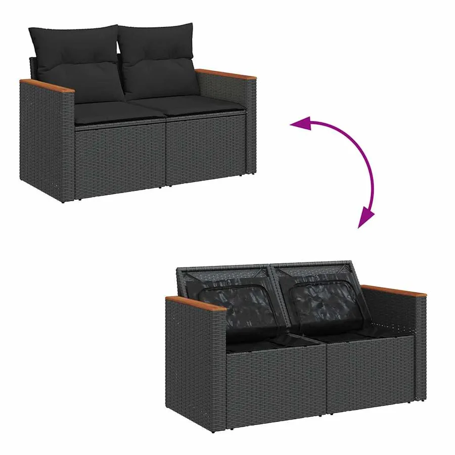 Salon de jardin 6 pcs avec coussins noir résine tressée acacia - 6
