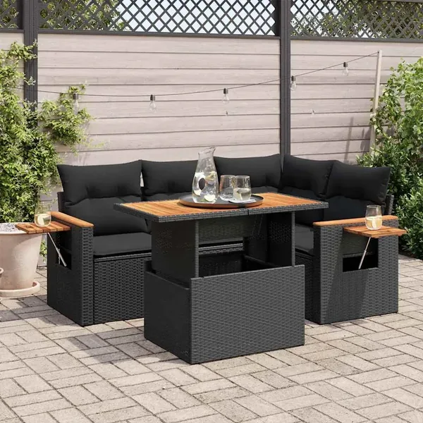Salon de jardin 5 pcs avec coussins noir résine tressée acacia