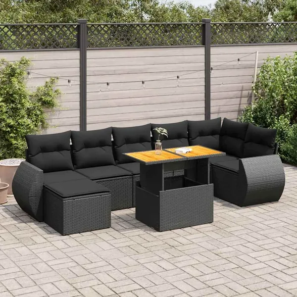 Salon de jardin 8 pcs avec coussins noir résine tressée
