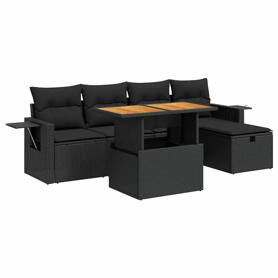 Salon de jardin 6 pcs avec coussins noir résine tressée acacia - 2