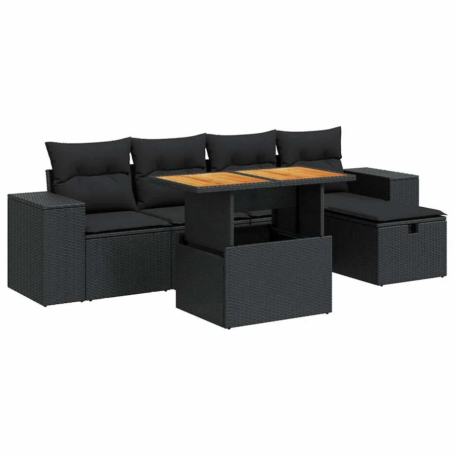 Salon de jardin 6 pcs avec coussins noir résine tressée acacia - 2