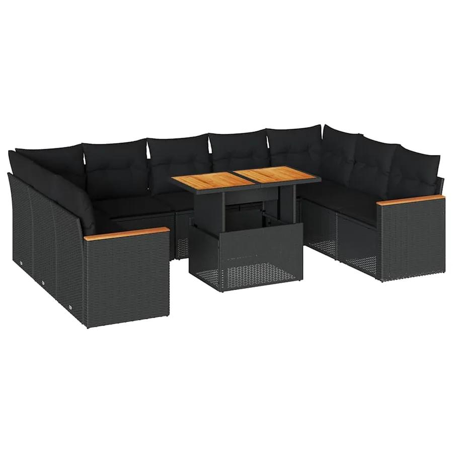 Salon de jardin 10 pcs avec coussins noir résine tressée acacia - 2