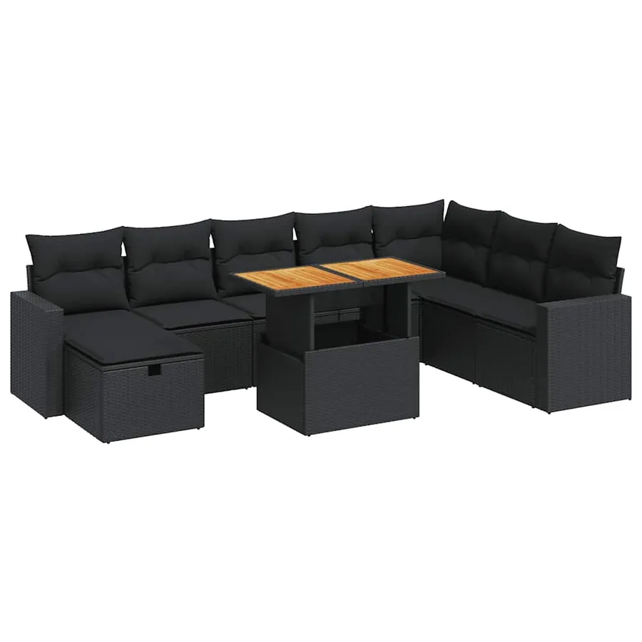 Salon de jardin avec coussins 9 pcs noir résine tressée acacia - 2