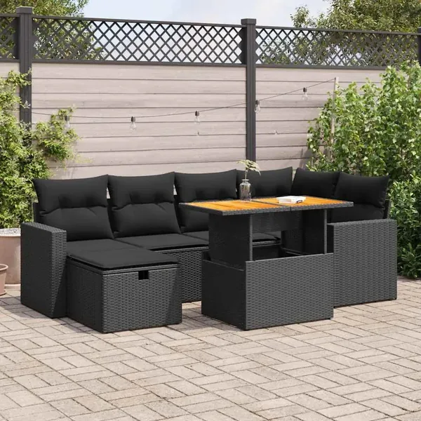 Salon de jardin avec coussins 8 pcs noir résine tressée acacia