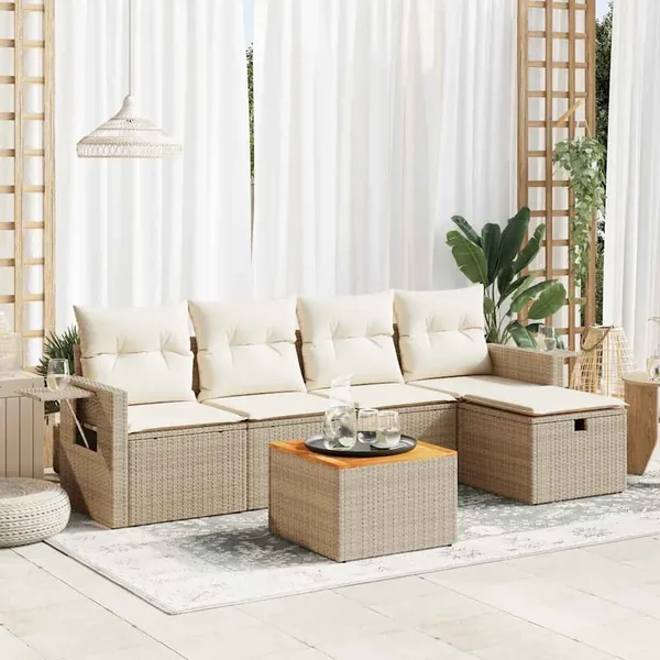 Salon de jardin avec coussins 6 pcs beige résine tressée