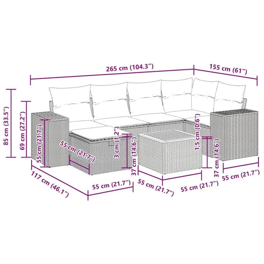 Salon de jardin 7 pcs avec coussins noir résine tressée 93 x 62 x 69 cm - 62,6 kg - 14