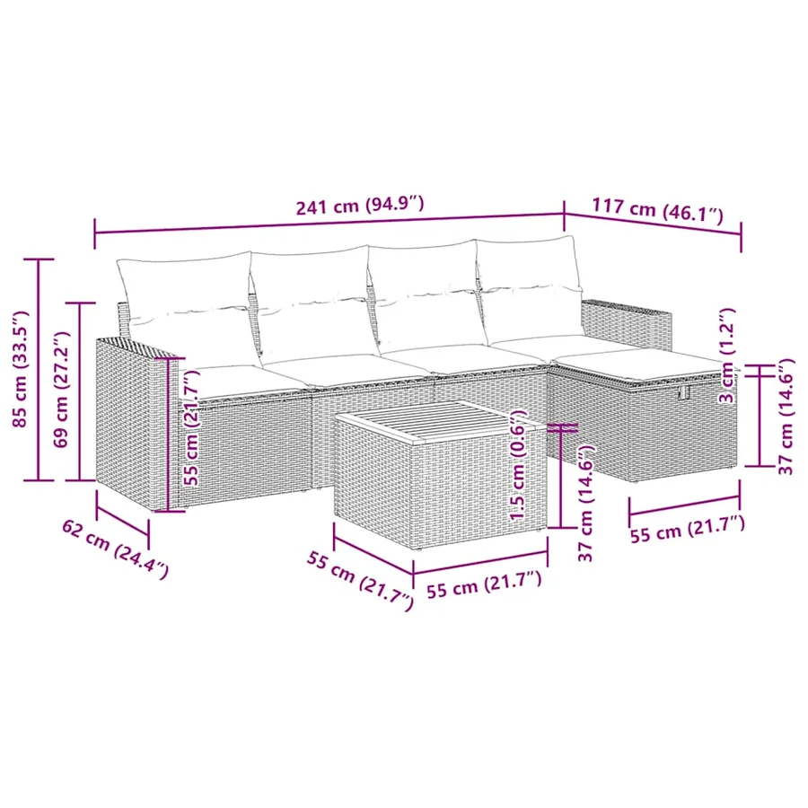 Salon de jardin 6 pcs avec coussins noir résine tressée - 13