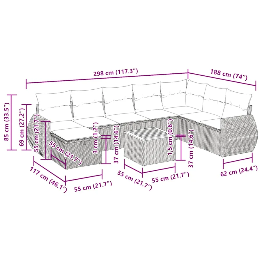 Salon de jardin avec coussins 9 pcs beige résine tressée - 14