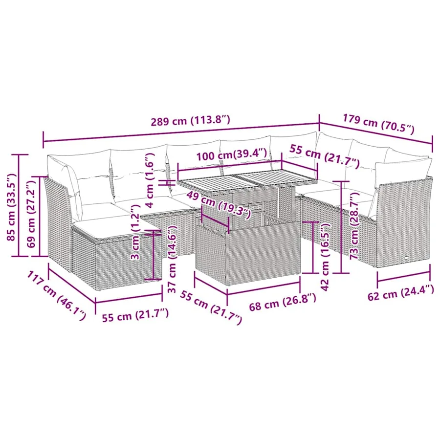 Salon de jardin avec coussins 9 pcs beige résine tressée - 13