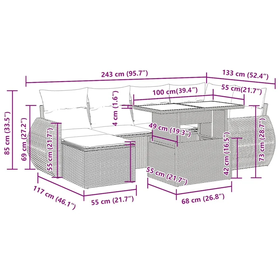 Salon de jardin avec coussins 7 pcs gris résine tressée - 16
