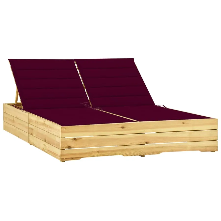 Chaise longue double et coussins bordeaux Bois de pin imprégné