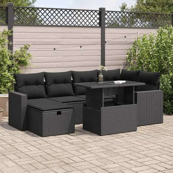 Salon de jardin 7 pcs avec coussins noir résine tressée 62 x 62 x 69 cm - 66,8 kg
