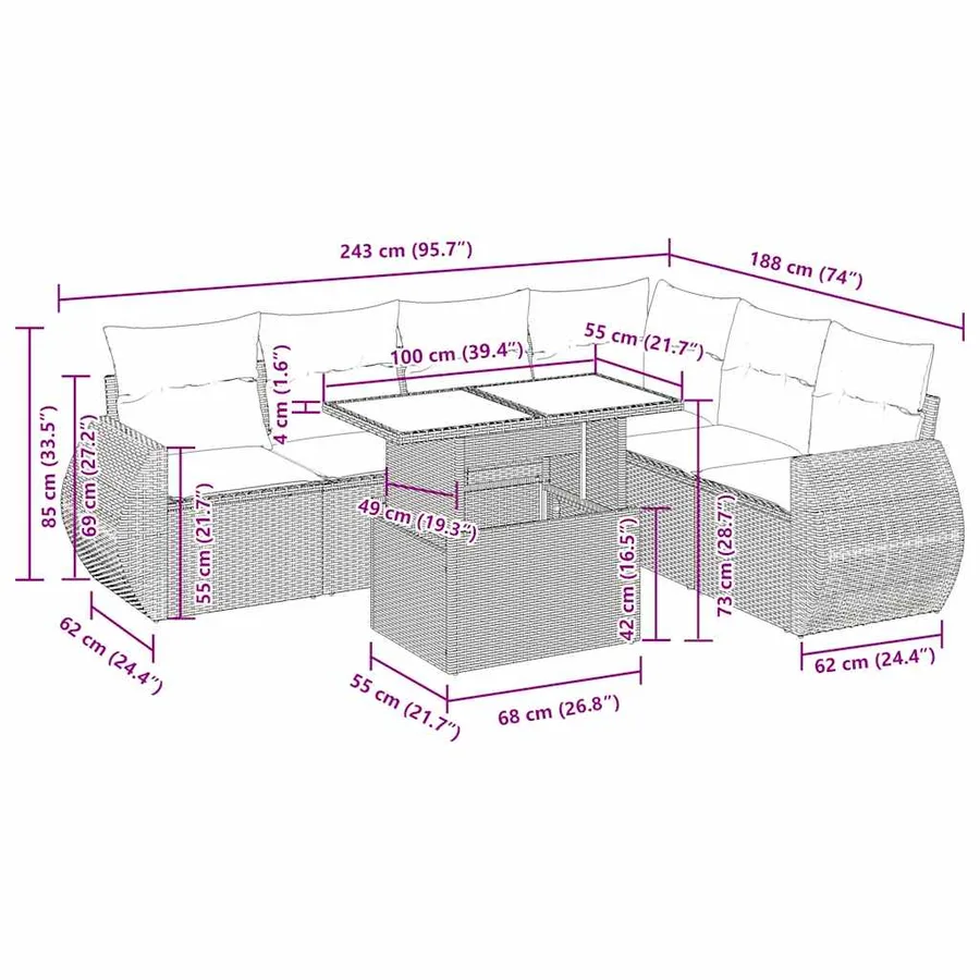 Salon de jardin 7 pcs avec coussins noir résine tressée 55 x 62 x 69 cm - 68,0 kg - 16