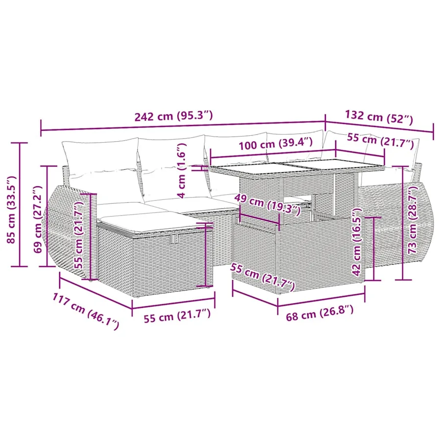 Salon de jardin 7 pcs avec coussins noir résine tressée 62 x 62 x 69 cm - 67,8 kg - 17