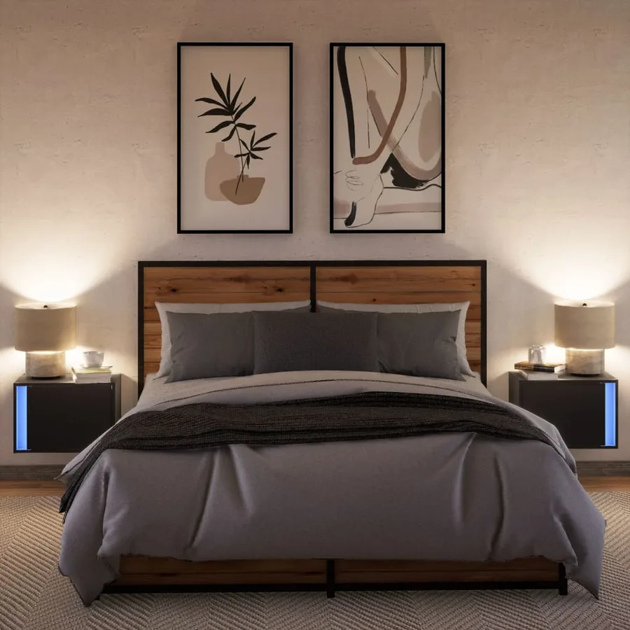 Tables de chevet murales avec lumières LED 2 pcs noir - 5