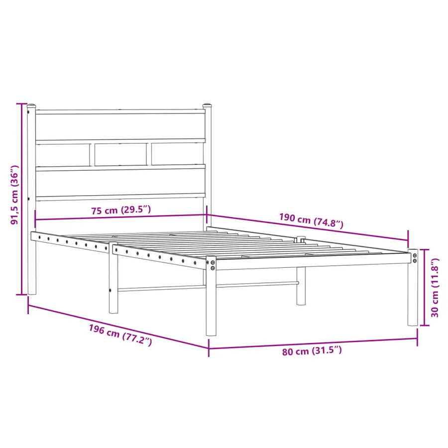 Cadre de lit en métal sans matelas chêne fumé 75x190 cm - 9