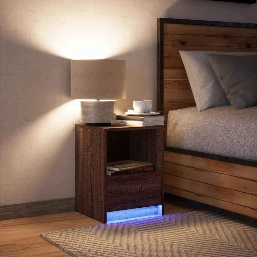 Armoire de chevet et lumières LED chêne marron bois ingénierie - 5