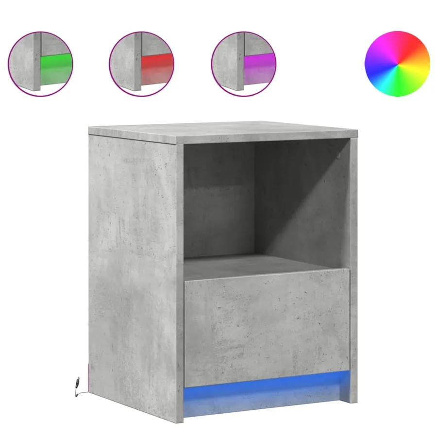 Armoire de chevet et lumières LED gris béton bois d'ingénierie - 2