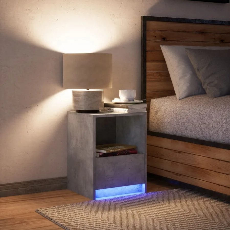 Armoire de chevet et lumières LED gris béton bois d'ingénierie - 5