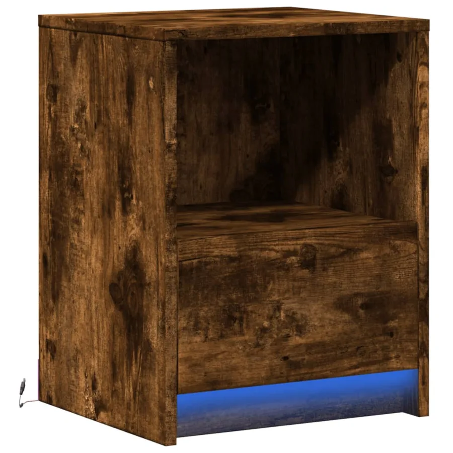 Armoire de chevet et lumières LED chêne fumé bois d'ingénierie - 3