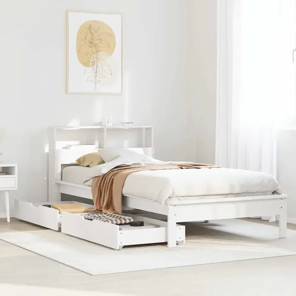 Lit bibliothèque sans matelas blanc 90x200cm bois de pin massif