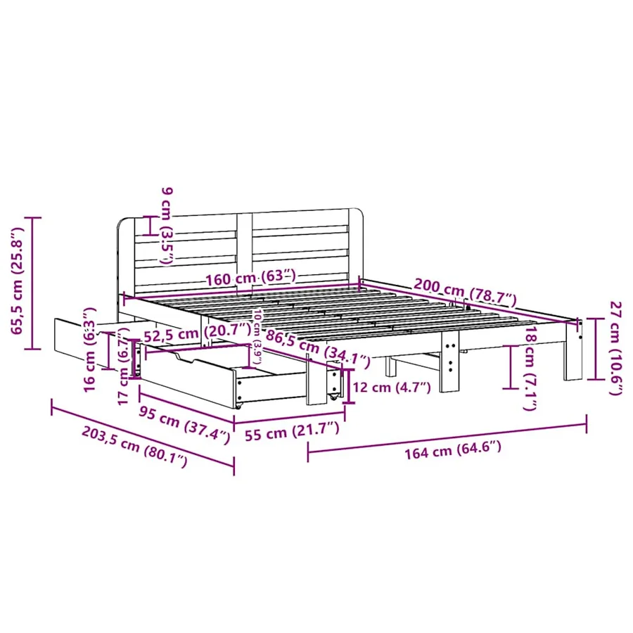 Cadre de lit sans matelas blanc 160x200 cm bois de pin massif - 11