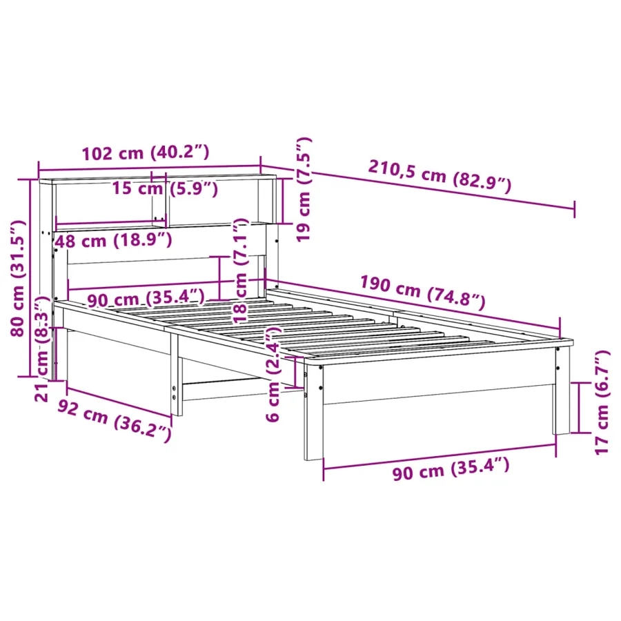 Lit bibliothèque sans matelas blanc 90x190cm bois de pin massif - 9