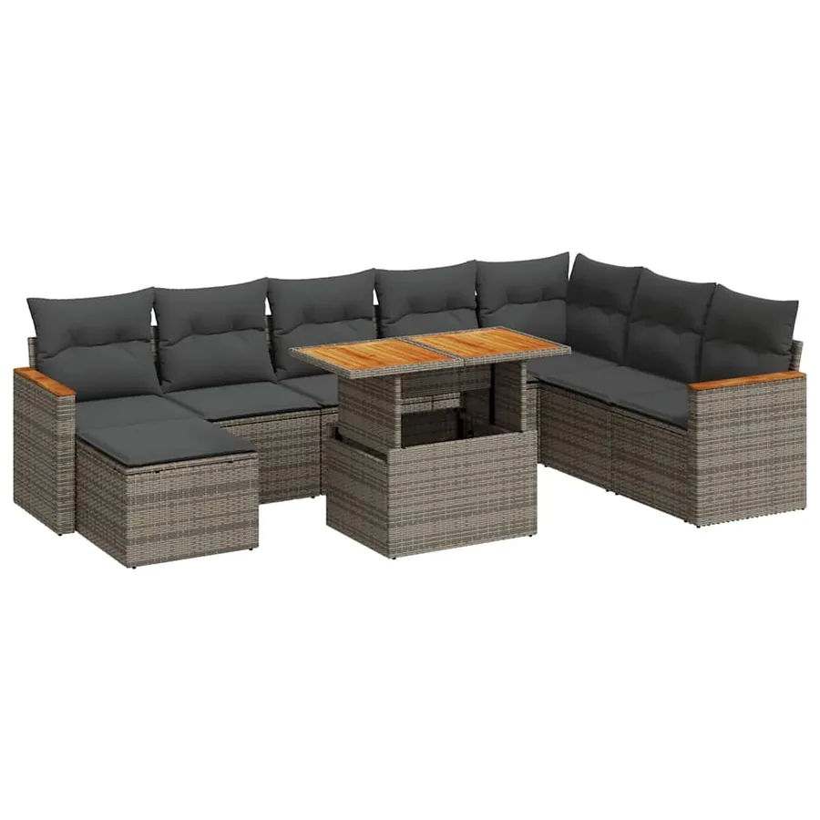 Salon de jardin avec coussins 9 pcs gris résine tressée acacia - 2