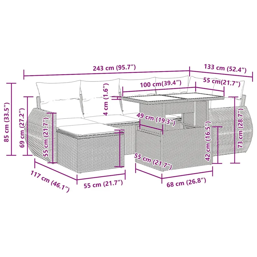 Salon de jardin 7 pcs avec coussins noir résine tressée 55 x 62 x 69 cm - 68,0 kg - 15